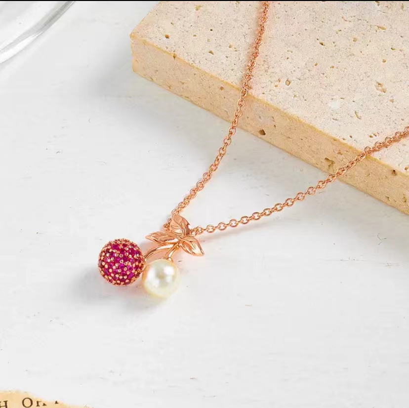 Lovely fruit pink cherry zircon pearl neckCharming is you, all charm